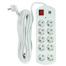 Extension cord 10m, 10 sockets, 2x USB, with switch                                                 